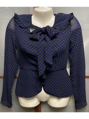 Alice Temperley Target XS Black Chiffon Blue Polka Dot Blue Bow Neck Tie Blouse